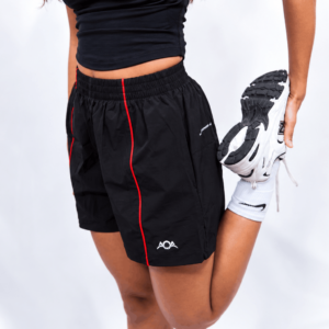 sporty black shorts stretch pose 1.webp